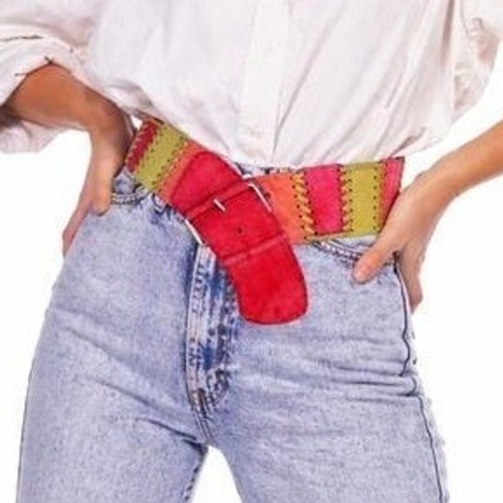 Vintage 80s Adolfo Wide Leather Whipstitch Colorblock Waist Belt Red Pink Yellow